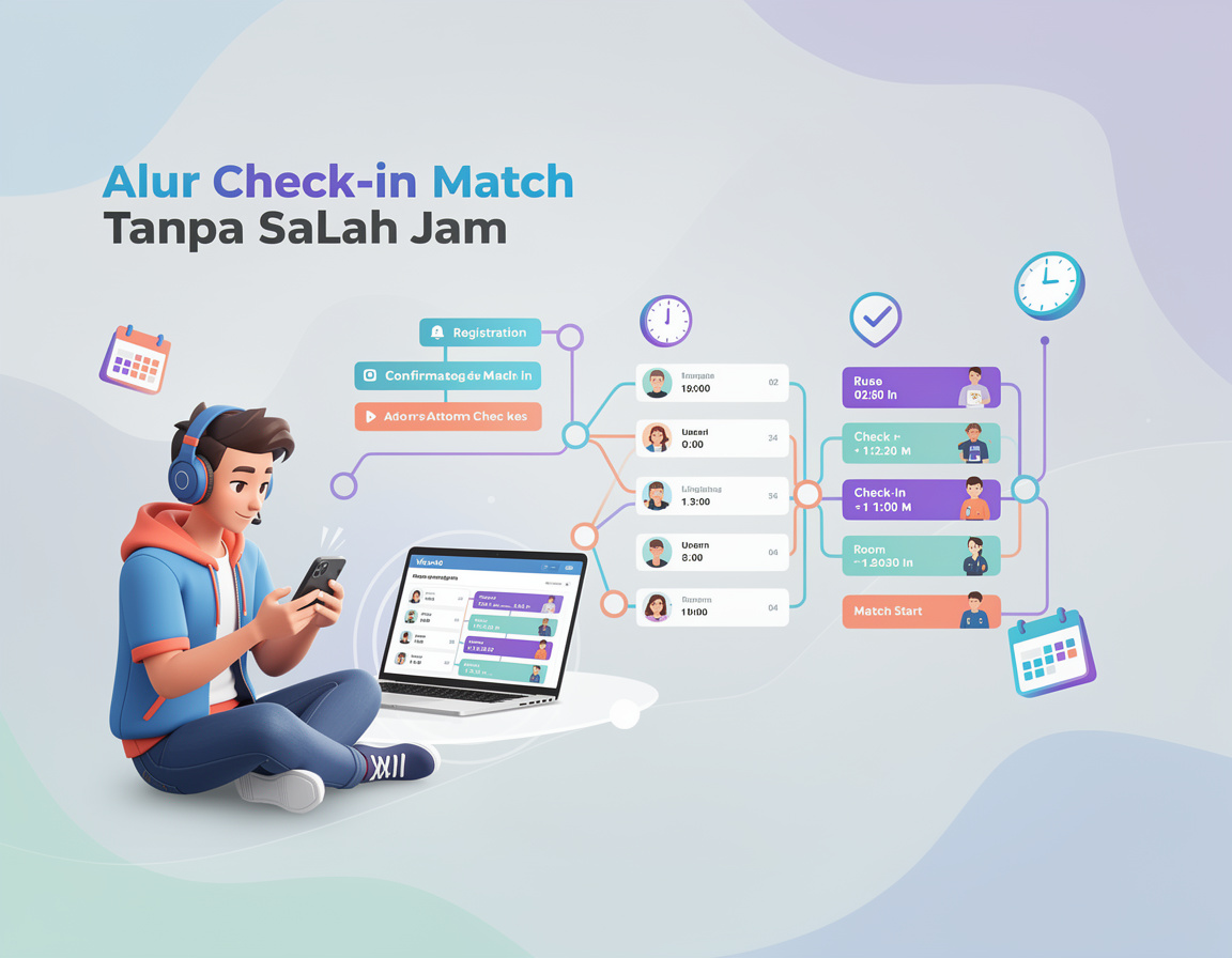 Ilustrasi alur check-in match tanpa salah jam untuk turnamen game online vkp4d dengan bracket dan room match
